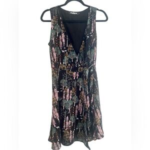 Paper Plane Black Sleeveless Wrap Dress with Forest Woodland Novelty Print M/L